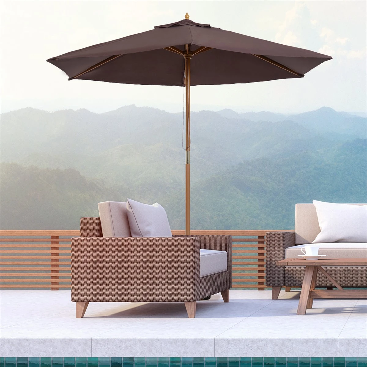 Outsunny Sombrilla Parasol De Madera Ø250x230cm Para Exterior Con 6 Varillas Sistema De Cuerda Con Fijación Desmontable Portátil Fácil De Guardar Y Transportar Café 4 Outsunny Sombrilla Parasol De Madera Ø250x230cm Para Exterior Con 6 Varillas Sistema De Cuerda Con Fijación Desmontable Portátil Fácil De Guardar Y Transportar Café - Imagen 2