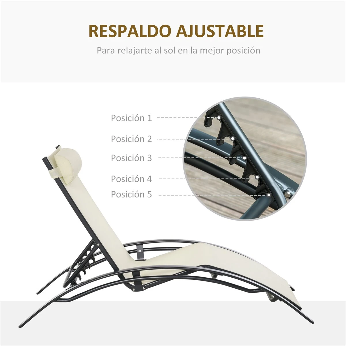 Outsunny Tumbona Reclinable Con Respaldo Ajustable En 5 Posiciones Y Reposacabezas Extraíble Acolchado Aluminio Texteline Para Jardín Terraza Balcón 171x64x82 Cm Beige 6 Outsunny Tumbona Reclinable Con Respaldo Ajustable En 5 Posiciones Y Reposacabezas Extraíble Acolchado Aluminio Texteline Para Jardín Terraza Balcón 171x64x82 Cm Beige - Imagen 4