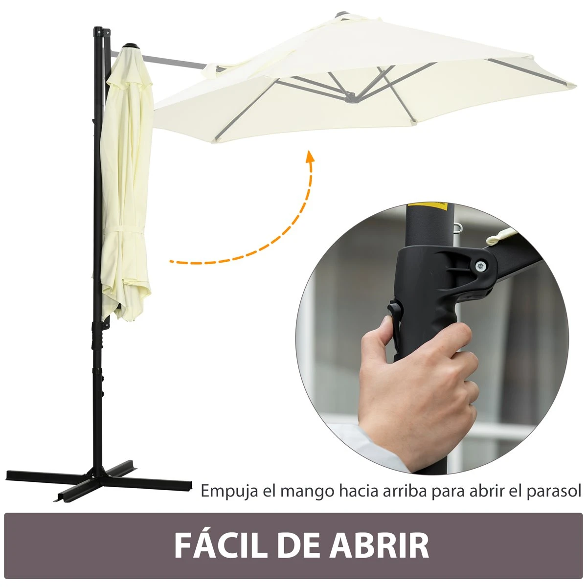 Outsunny Sombrilla De Jardín Ø256x245 Cm Parasol Excéntrico Rotación De 360° Con Apertura Manual Y Base Cruzada Para Patio Terraza Exterior Beige 6 Outsunny Sombrilla De Jardín Ø256x245 Cm Parasol Excéntrico Rotación De 360° Con Apertura Manual Y Base Cruzada Para Patio Terraza Exterior Beige - Imagen 4