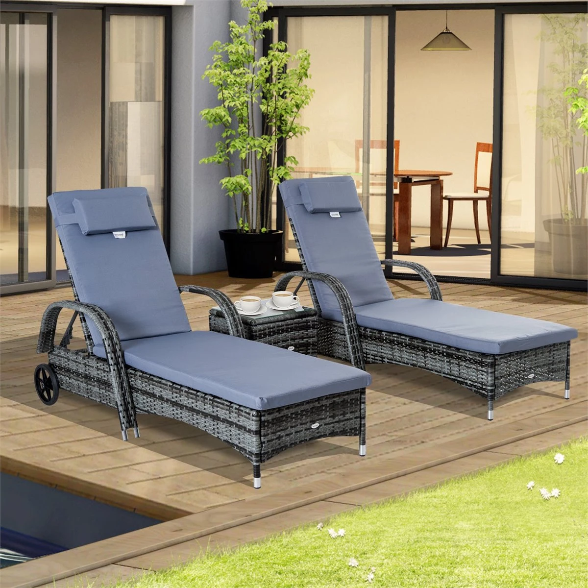 Outsunny Set De 2 Tumbonas Chaise Longue + 1 Mesa De Ratan Para Jardín O Terraza Sillas Con Cojín Y Respaldo Ajustable A 5 Niveles (Gris) 4 Outsunny Set De 2 Tumbonas Chaise Longue + 1 Mesa De Ratan Para Jardín O Terraza Sillas Con Cojín Y Respaldo Ajustable A 5 Niveles (Gris) - Imagen 2