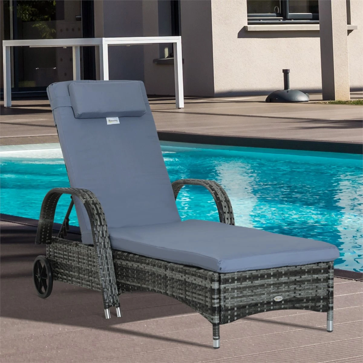 Outsunny Tumbona De Ratán De Jardín Chaise Longue Con Respaldo Ajustable En 5 Posiciones Cojines Acolchados Reposacabezas Y 2 Ruedas 200x73x30-103 Cm Gris 4 Outsunny Tumbona De Ratán De Jardín Chaise Longue Con Respaldo Ajustable En 5 Posiciones Cojines Acolchados Reposacabezas Y 2 Ruedas 200x73x30-103 Cm Gris - Imagen 2