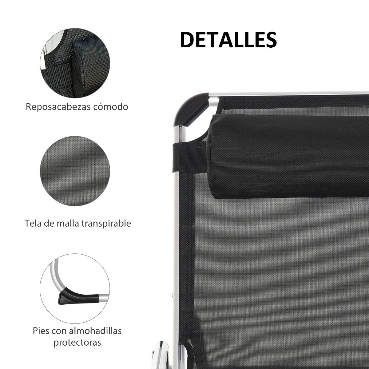 Outsunny Tumbona Plegable Reclinable De Aluminio Con Reposacabezas Extraíble Y Respaldo Transpirable Ajustable En 4 Posiciones Para Jardín Terraza Camping Exterior 170x60x76 Cm Negro 8 Outsunny Tumbona Plegable Reclinable De Aluminio Con Reposacabezas Extraíble Y Respaldo Transpirable Ajustable En 4 Posiciones Para Jardín Terraza Camping Exterior 170x60x76 Cm Negro - Imagen 6