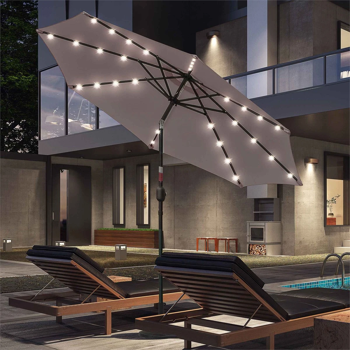 Outsunny Sombrilla De Jardín Con 32 Luces LED Solares Ø265x233 Cm Parasol Inclinable Con Manivela Y Poste De Acero Para Terraza Patio Exterior Gris 4 Outsunny Sombrilla De Jardín Con 32 Luces LED Solares Ø265x233 Cm Parasol Inclinable Con Manivela Y Poste De Acero Para Terraza Patio Exterior Gris - Imagen 2