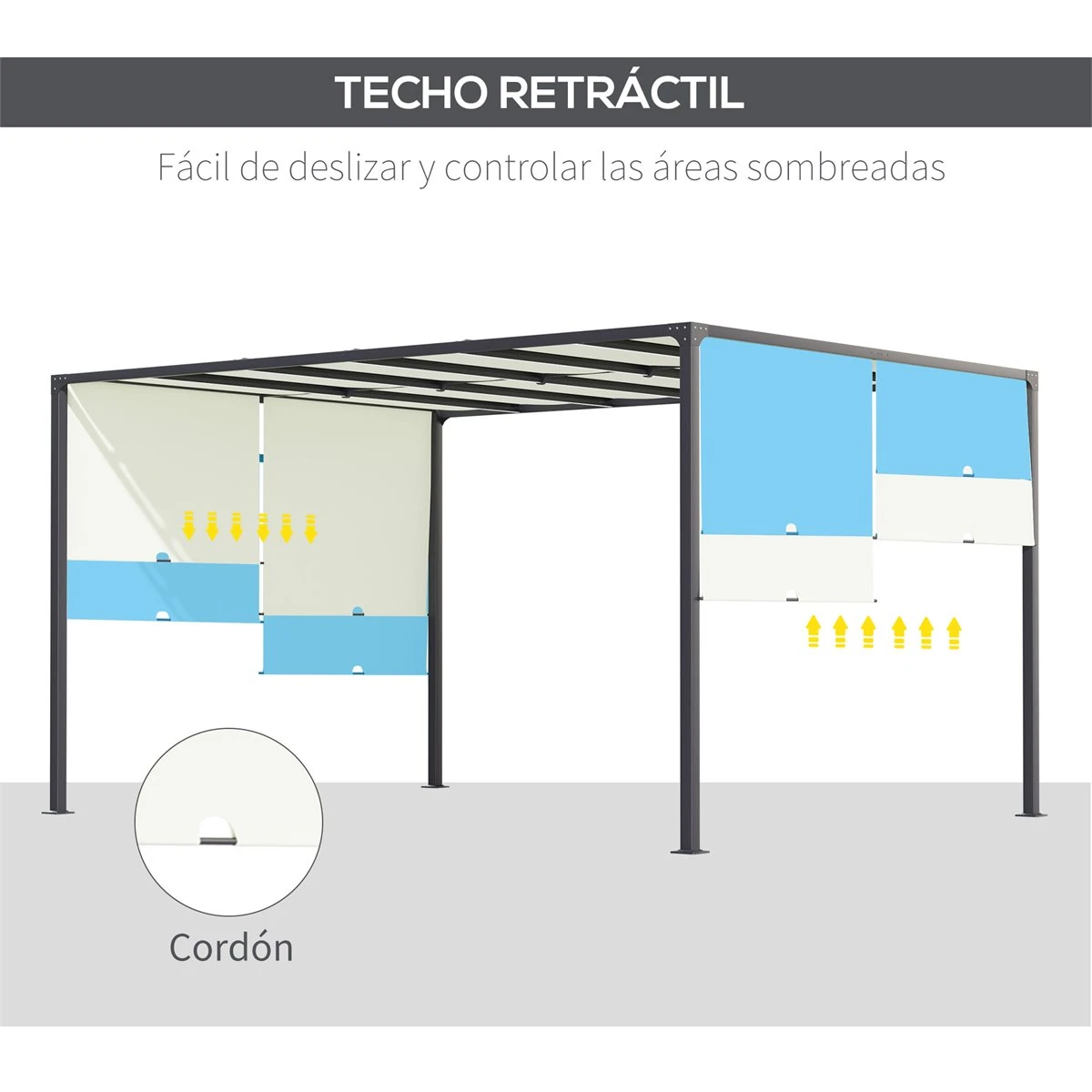 Outsunny Pérgola De Jardín 3x4 M Con Techo Retráctil Cenador Con Luces LED Energía Solar Marco De Acero Carpa Para Patio Terraza Balcón Crema 6 Outsunny Pérgola De Jardín 3x4 M Con Techo Retráctil Cenador Con Luces LED Energía Solar Marco De Acero Carpa Para Patio Terraza Balcón Crema - Imagen 4