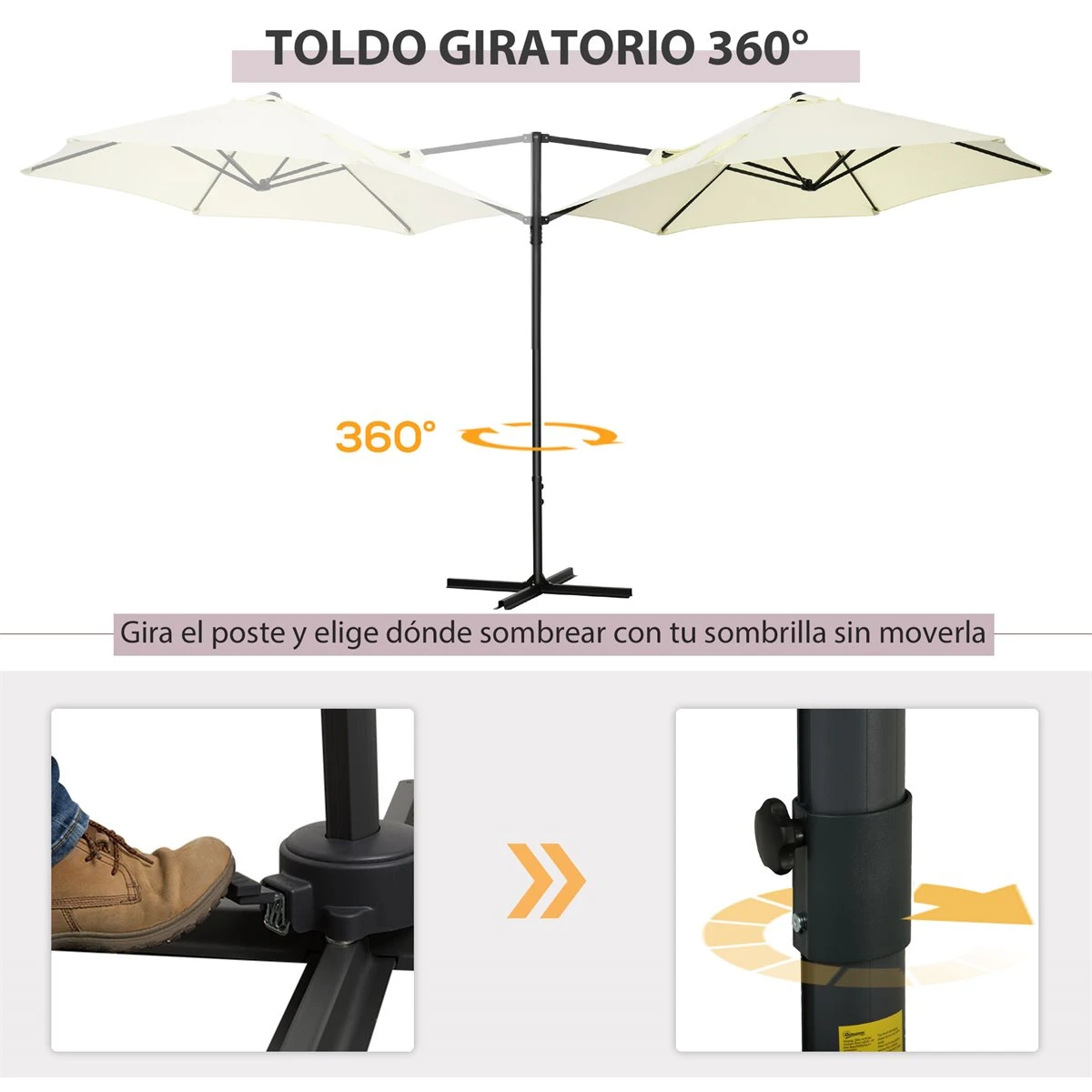Outsunny Sombrilla De Jardín Ø256x245 Cm Parasol Excéntrico Rotación De 360° Con Apertura Manual Y Base Cruzada Para Patio Terraza Exterior Beige 7 Outsunny Sombrilla De Jardín Ø256x245 Cm Parasol Excéntrico Rotación De 360° Con Apertura Manual Y Base Cruzada Para Patio Terraza Exterior Beige - Imagen 5
