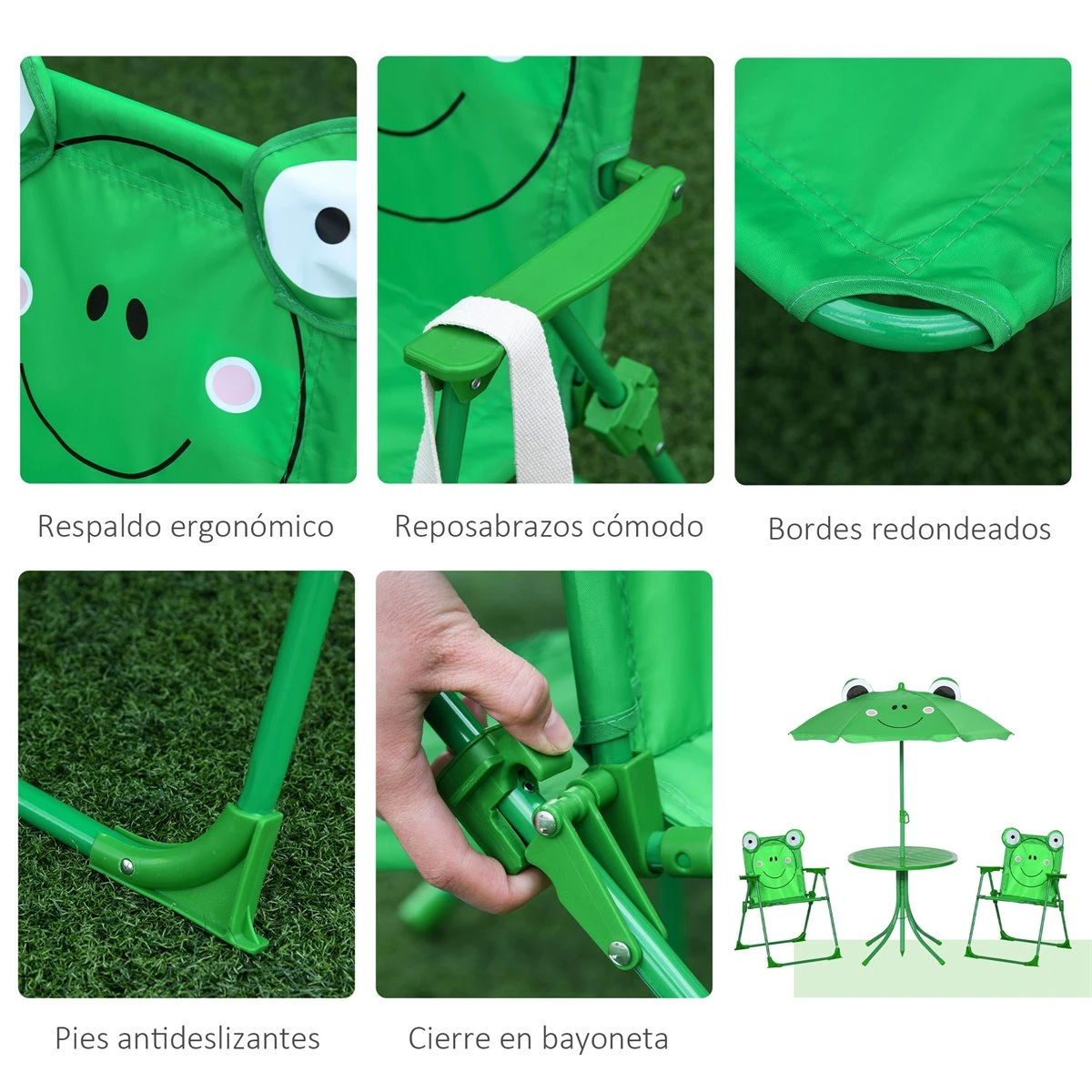 Outsunny Set De Mesa Y Sillas Infantil De Jardín Conjunto De Picnic Plegable Para Niños Juego De Mesa Con Sombrilla Ajustable En Altura De 100-125 Cm Diseño De Rana Verde 9 Outsunny Set De Mesa Y Sillas Infantil De Jardín Conjunto De Picnic Plegable Para Niños Juego De Mesa Con Sombrilla Ajustable En Altura De 100-125 Cm Diseño De Rana Verde - Imagen 7