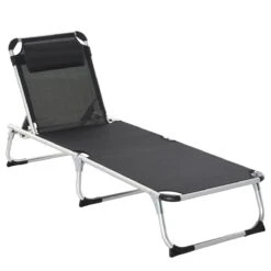 Outsunny Tumbona Plegable Reclinable De Aluminio Con Reposacabezas Extraíble Y Respaldo Transpirable Ajustable En 4 Posiciones Para Jardín Terraza Camping Exterior 170x60x76 Cm Negro