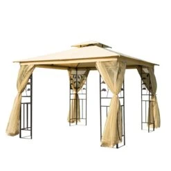 Outsunny Cenador De Jardín 300x300x280 Cm Carpas Para Exterior Grandes Doble Techo Con Mosquitera Y Piquetas Para El Suelo Fácil De Drenar Poliéster Acero Beige