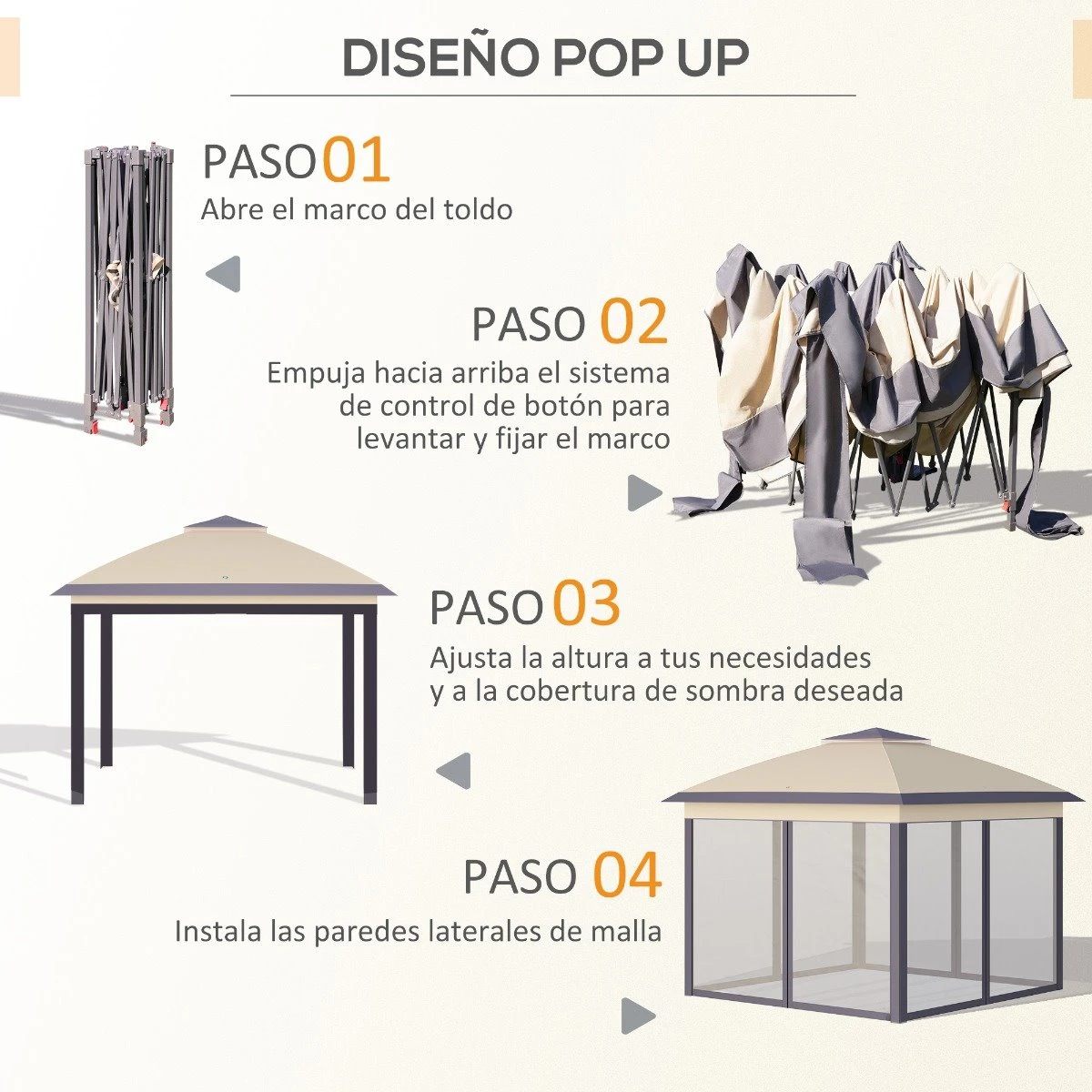Outsunny Carpa Plegable Exterior 3,3x3,3x2,88 M Altura Ajustable Cenador De Jardín Con Doble Techo 4 Mosquiteras Extraíbles Y Bolsa De Transporte Para Camping Fiestas Beige 7 Outsunny Carpa Plegable Exterior 3,3x3,3x2,88 M Altura Ajustable Cenador De Jardín Con Doble Techo 4 Mosquiteras Extraíbles Y Bolsa De Transporte Para Camping Fiestas Beige - Imagen 5