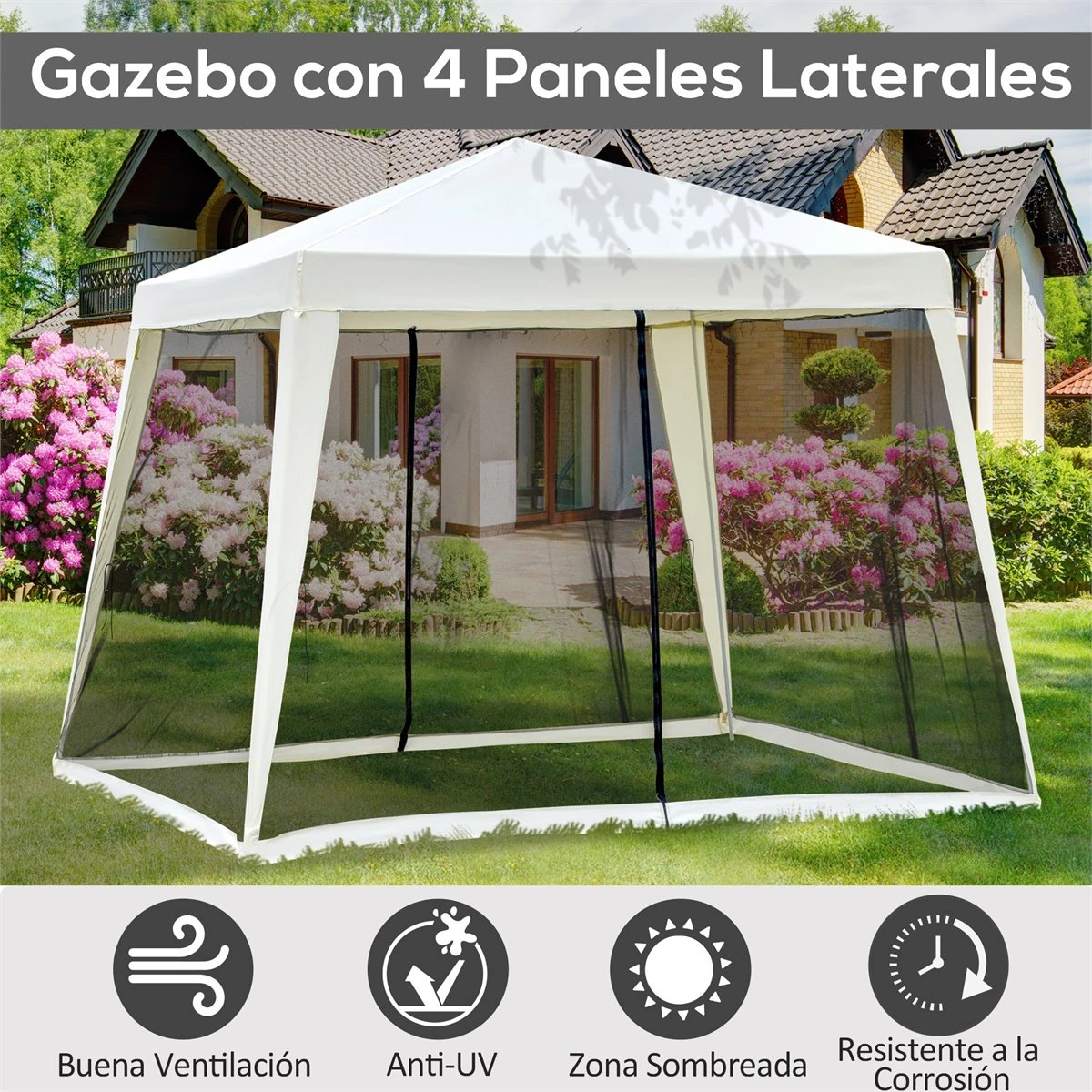 Outsunny Carpa De Jardín 3x3 M Cenador Con 4 Partes Laterales Mosquitera Con Cremallera Protección UV Para Patio Exterior Eventos Fiesta Beige 6 Outsunny Carpa De Jardín 3x3 M Cenador Con 4 Partes Laterales Mosquitera Con Cremallera Protección UV Para Patio Exterior Eventos Fiesta Beige - Imagen 4
