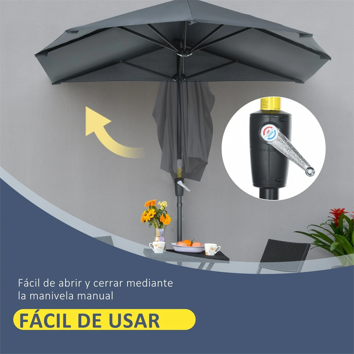 Outsunny Sombrilla De Pared De Jardín 200x190x240 Cm Parasol Con Manivela Poste De Acero Y Base Cruzada Protección Solar Para Terraza Balcón Exterior Gris 7 Outsunny Sombrilla De Pared De Jardín 200x190x240 Cm Parasol Con Manivela Poste De Acero Y Base Cruzada Protección Solar Para Terraza Balcón Exterior Gris - Imagen 5