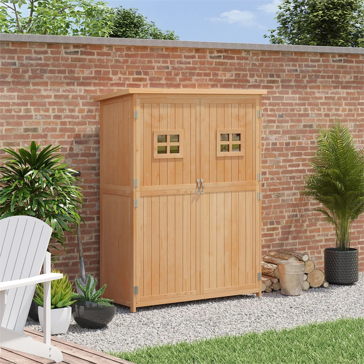 Outsunny Cobertizo De Madera Caseta De Jardín Exterior Armario Herramientas De Jardinería Con Estantes Doble Puerta Ventanas Y Techo Asfáltico 127,5x50x164 Cm Natural 4 Outsunny Cobertizo De Madera Caseta De Jardín Exterior Armario Herramientas De Jardinería Con Estantes Doble Puerta Ventanas Y Techo Asfáltico 127,5x50x164 Cm Natural - Imagen 2