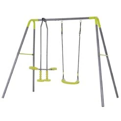 HOMCOM Set De Columpio Infantil Al Aire Libre Con Columpio Y Balancín Doble Plaza Juguetes Exterior Adecuado Para +3 Años 245x138x180cm Verde Y Gris