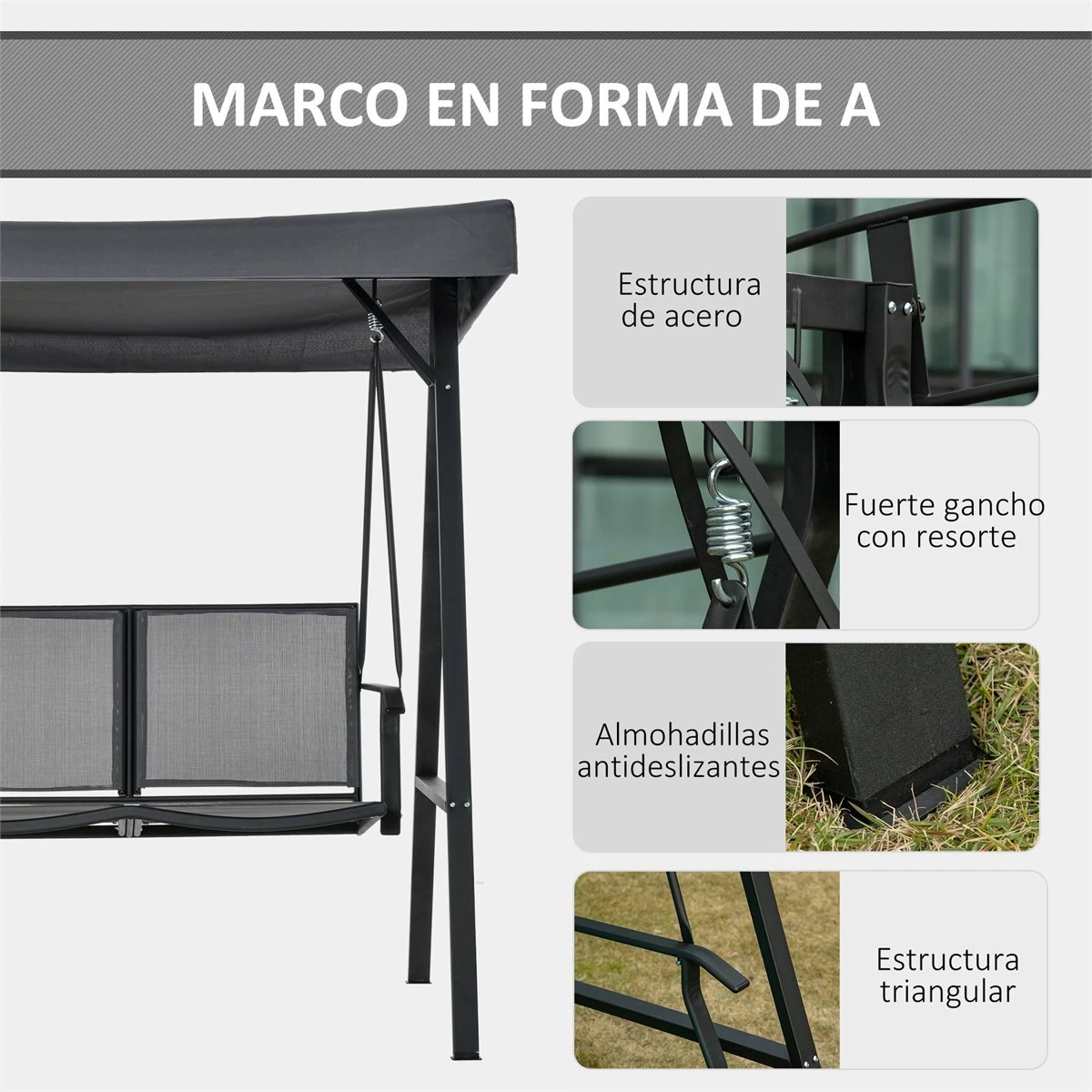 Outsunny Columpio Balancín De Jardín De 2 Plazas Con Techo Ajustable Respaldo Transpirable Y Marco De Acero Para Balcón Terraza Exterior Carga Máx. 220 Kg 150x110x170 Cm Gris 7 Outsunny Columpio Balancín De Jardín De 2 Plazas Con Techo Ajustable Respaldo Transpirable Y Marco De Acero Para Balcón Terraza Exterior Carga Máx. 220 Kg 150x110x170 Cm Gris - Imagen 5