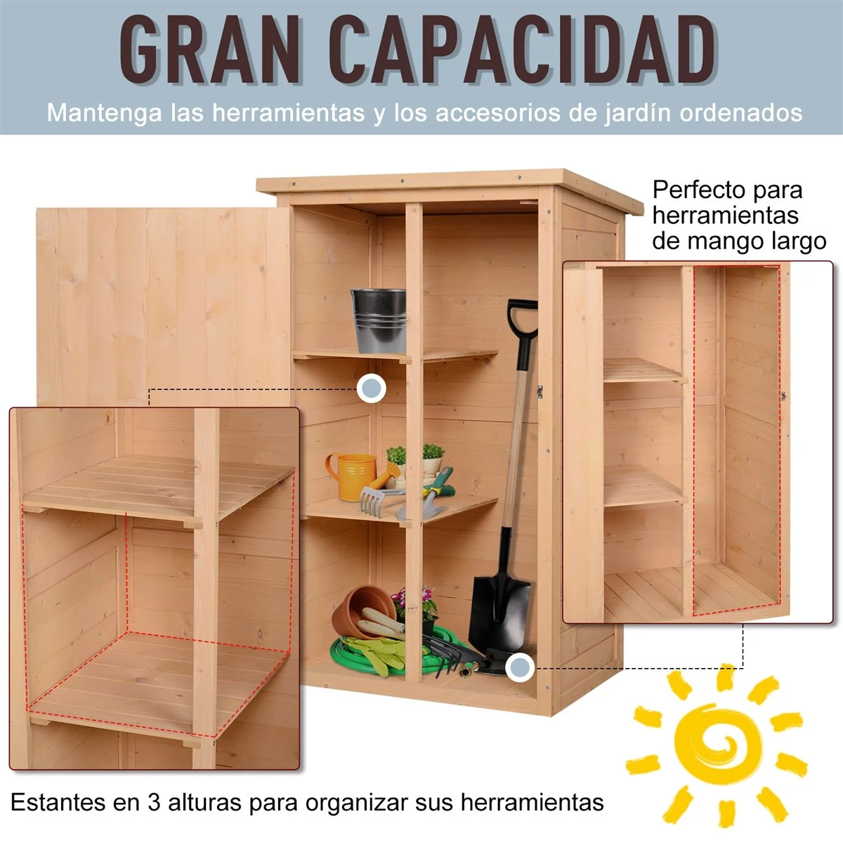 Outsunny Caseta De Jardín De Madera 75x56x115 Cm Armario Cobertizo De Exterior Para Herramientas Con 3 Estantes Interiores Puerta Con Pestillo Y Techo Asfáltico Natural 6 Outsunny Caseta De Jardín De Madera 75x56x115 Cm Armario Cobertizo De Exterior Para Herramientas Con 3 Estantes Interiores Puerta Con Pestillo Y Techo Asfáltico Natural - Imagen 4