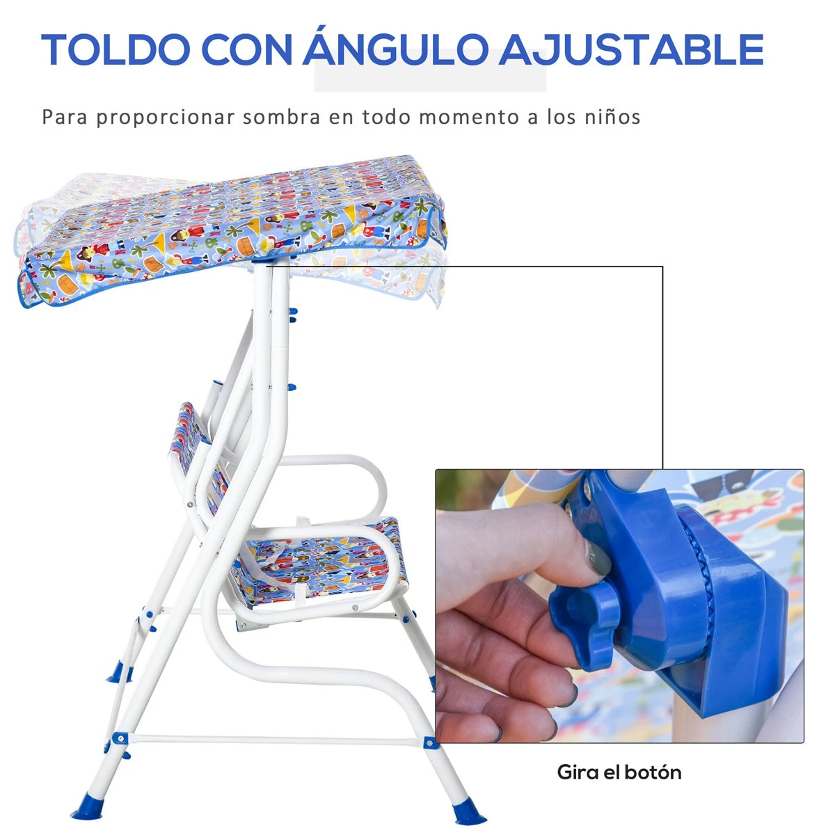 Outsunny Columpio Balancín De Jardín Infantil 2 Plazas Para Niños De +3 Años Con Toldo Ajustable En Ángulo Para Terraza Balcón Carga Máx. 60 Kg 110x70x110 Cm Azul 6 Outsunny Columpio Balancín De Jardín Infantil 2 Plazas Para Niños De +3 Años Con Toldo Ajustable En Ángulo Para Terraza Balcón Carga Máx. 60 Kg 110x70x110 Cm Azul - Imagen 4