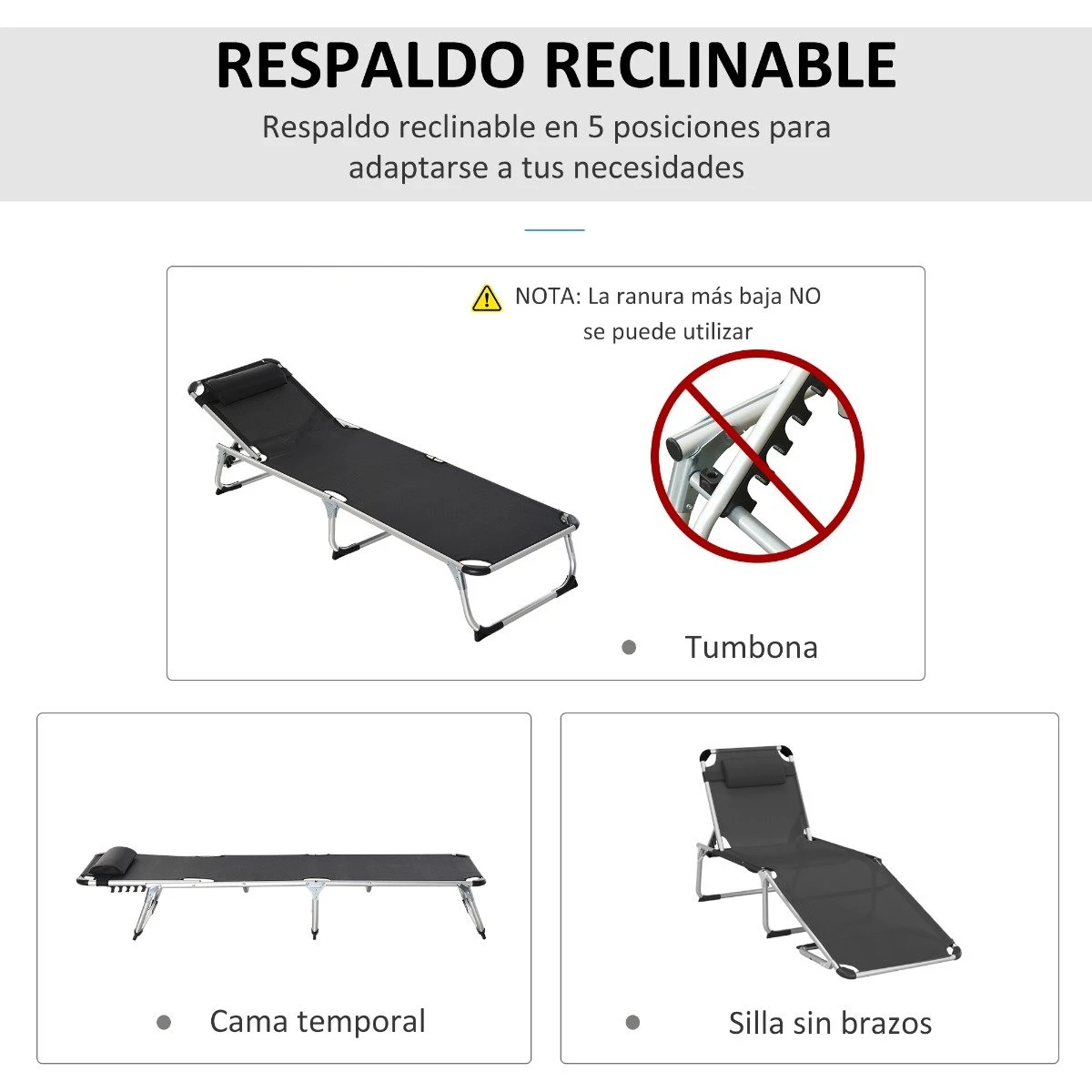 Outsunny Tumbona Plegable Reclinable De Aluminio Con Reposacabezas Extraíble Y Respaldo Transpirable Ajustable En 4 Posiciones Para Jardín Terraza Camping Exterior 170x60x76 Cm Negro 6 Outsunny Tumbona Plegable Reclinable De Aluminio Con Reposacabezas Extraíble Y Respaldo Transpirable Ajustable En 4 Posiciones Para Jardín Terraza Camping Exterior 170x60x76 Cm Negro - Imagen 4