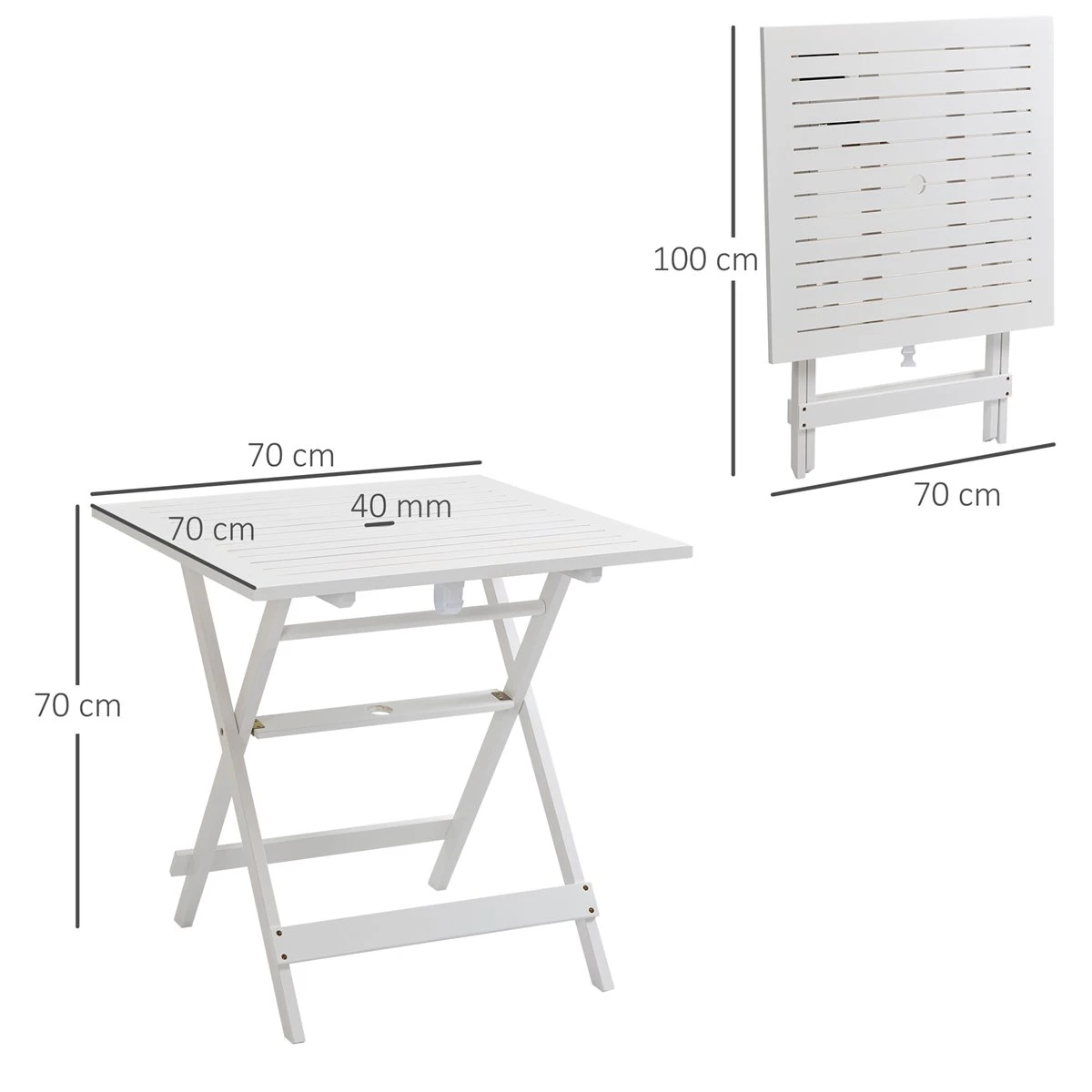 Outsunny Mesa De Jardín Plegable De Madera Maciza Con Agujero Para Sombrilla Mesa Cuadrada De Exterior Para Camping Viaje Picnic Terraza Balcón 70x70x70 Cm Blanco 5 Outsunny Mesa De Jardín Plegable De Madera Maciza Con Agujero Para Sombrilla Mesa Cuadrada De Exterior Para Camping Viaje Picnic Terraza Balcón 70x70x70 Cm Blanco - Imagen 3
