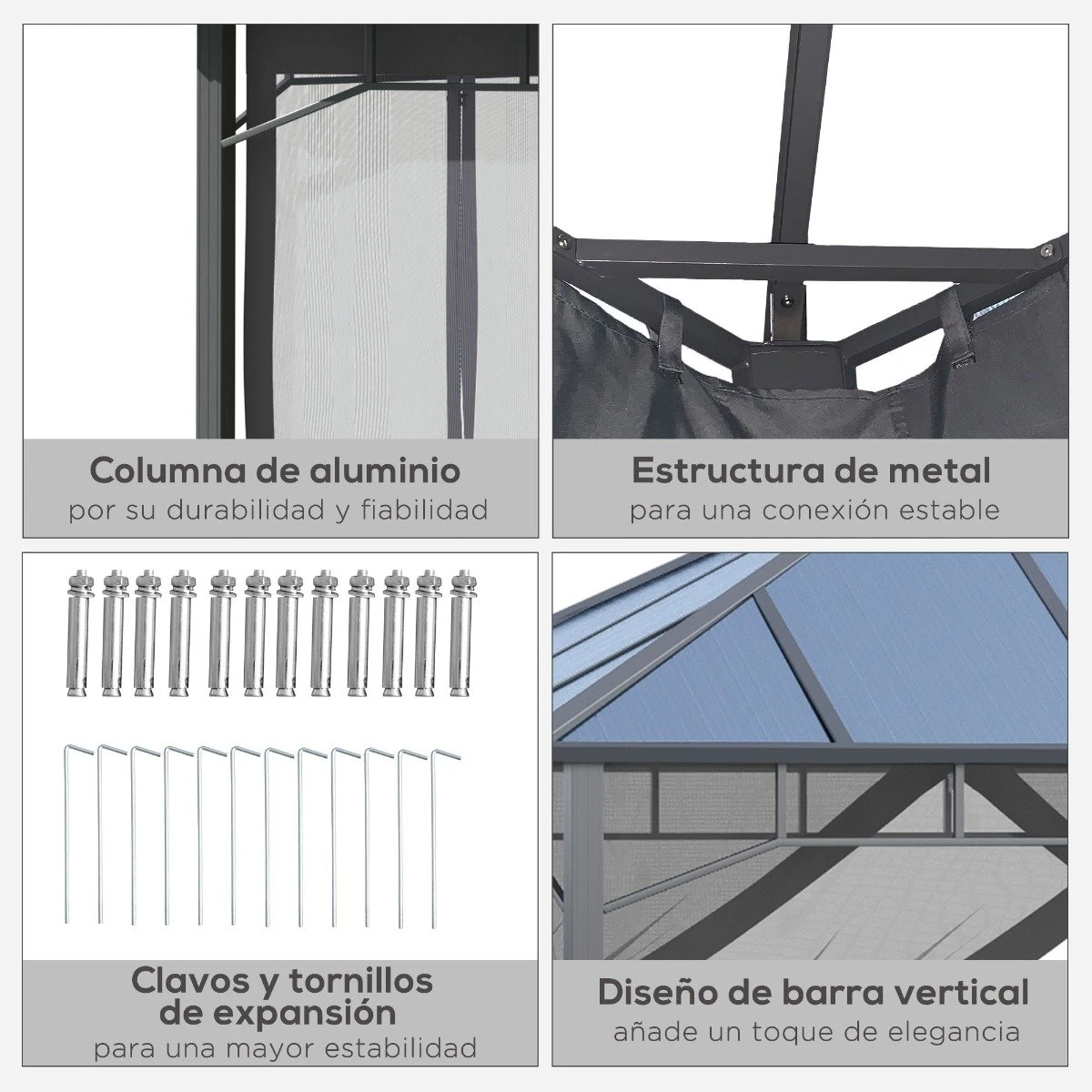Outsunny Cenador De Jardín 4x3 M Aluminio Pabellón Para Exterior Con Techo De Policarbonato Y 4 Mosquiteras Laterales Con Cremalleras Para Fiestas Eventos Gris 7 Outsunny Cenador De Jardín 4x3 M Aluminio Pabellón Para Exterior Con Techo De Policarbonato Y 4 Mosquiteras Laterales Con Cremalleras Para Fiestas Eventos Gris - Imagen 5