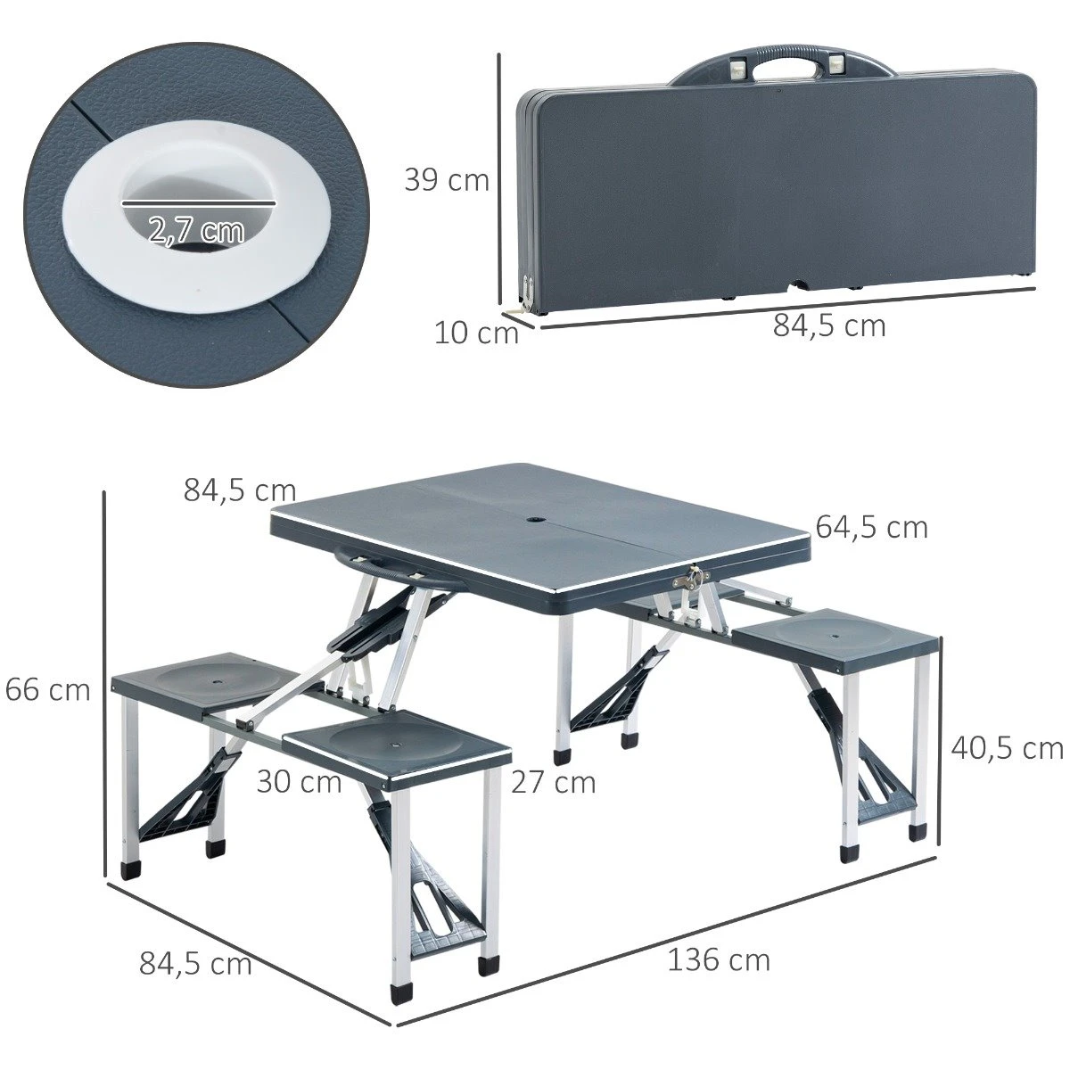 Outsunny Mesa Maleta De Camping Plegable Portátil 4 Asientos Y Agujero Sombrilla Estructura Aluminio Playa Picnic 136x84,5x66 Cm (Gris) 5 Outsunny Mesa Maleta De Camping Plegable Portátil 4 Asientos Y Agujero Sombrilla Estructura Aluminio Playa Picnic 136x84,5x66 Cm (Gris) - Imagen 3