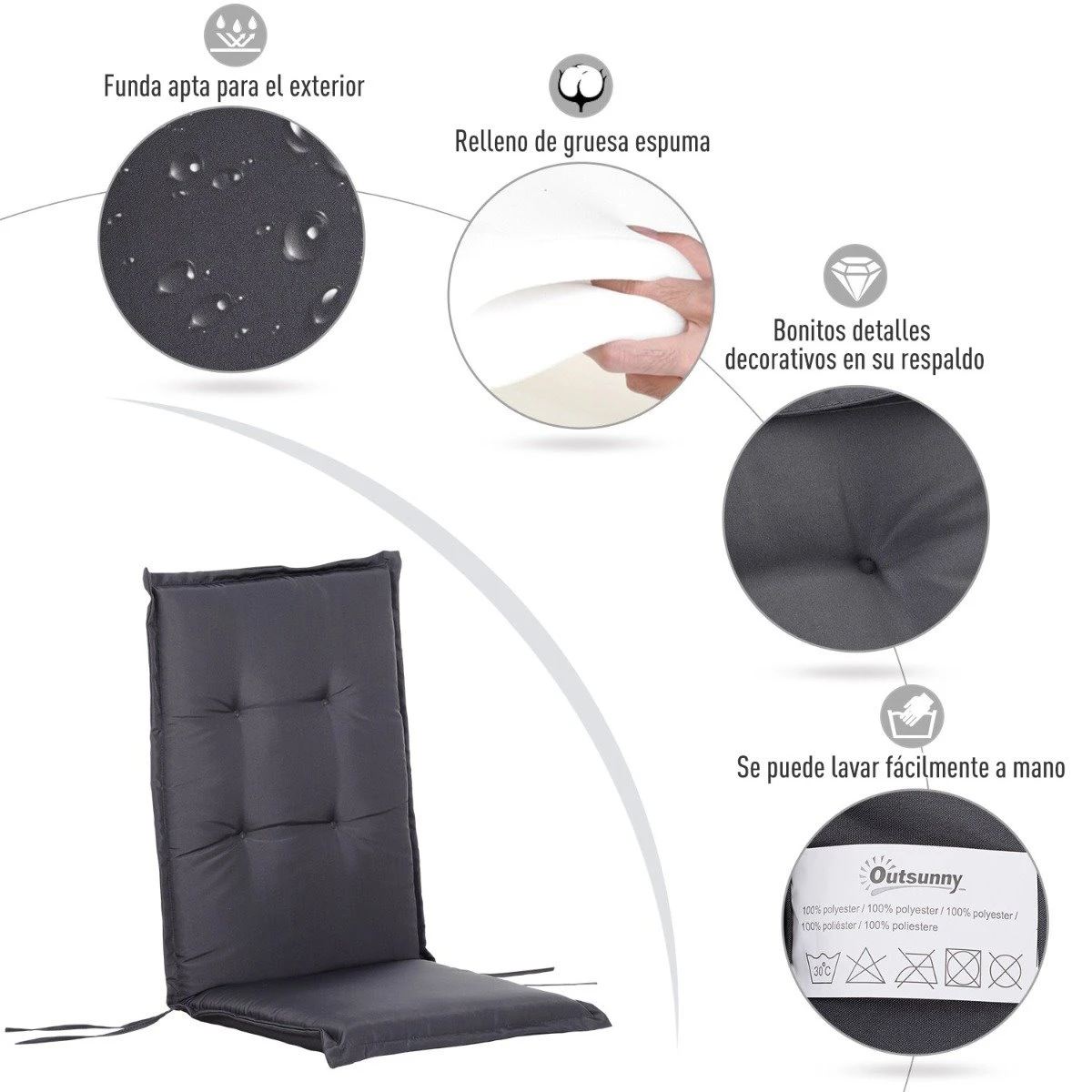 Outsunny Cojín De 2 Piezas Para Tumbona De Exterior Colchoneta Para Sillas De Jardín Acolchado Cómoda Con Cuerda De Fijación Lavable A Mano Poliéster Esponja 120x50x6 Cm Gris 6 Outsunny Cojín De 2 Piezas Para Tumbona De Exterior Colchoneta Para Sillas De Jardín Acolchado Cómoda Con Cuerda De Fijación Lavable A Mano Poliéster Esponja 120x50x6 Cm Gris - Imagen 4