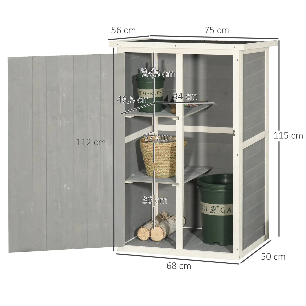 Outsunny Caseta De Jardín De Madera 75x56x115 Cm Armario Cobertizo De Exterior Para Herramientas Con 3 Estantes Interiores Puerta Con Pestillo Y Techo Asfáltico Gris 4 Outsunny Caseta De Jardín De Madera 75x56x115 Cm Armario Cobertizo De Exterior Para Herramientas Con 3 Estantes Interiores Puerta Con Pestillo Y Techo Asfáltico Gris - Imagen 3
