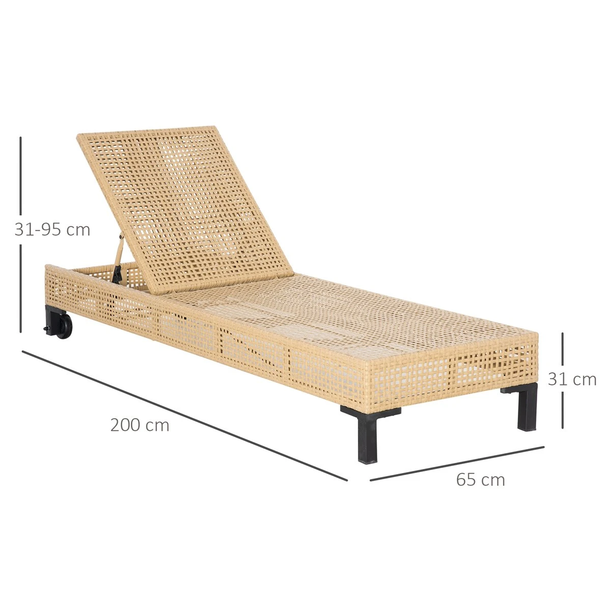 Outsunny Tumbona De Ratán Sintético Chaise Longue Con Respaldo Ajustable En 5 Posiciones Cojín Acolchado Y 2 Ruedas Para Jardín Terraza Acero 200x65x31 Cm Natural Y Beige 5 Outsunny Tumbona De Ratán Sintético Chaise Longue Con Respaldo Ajustable En 5 Posiciones Cojín Acolchado Y 2 Ruedas Para Jardín Terraza Acero 200x65x31 Cm Natural Y Beige - Imagen 3