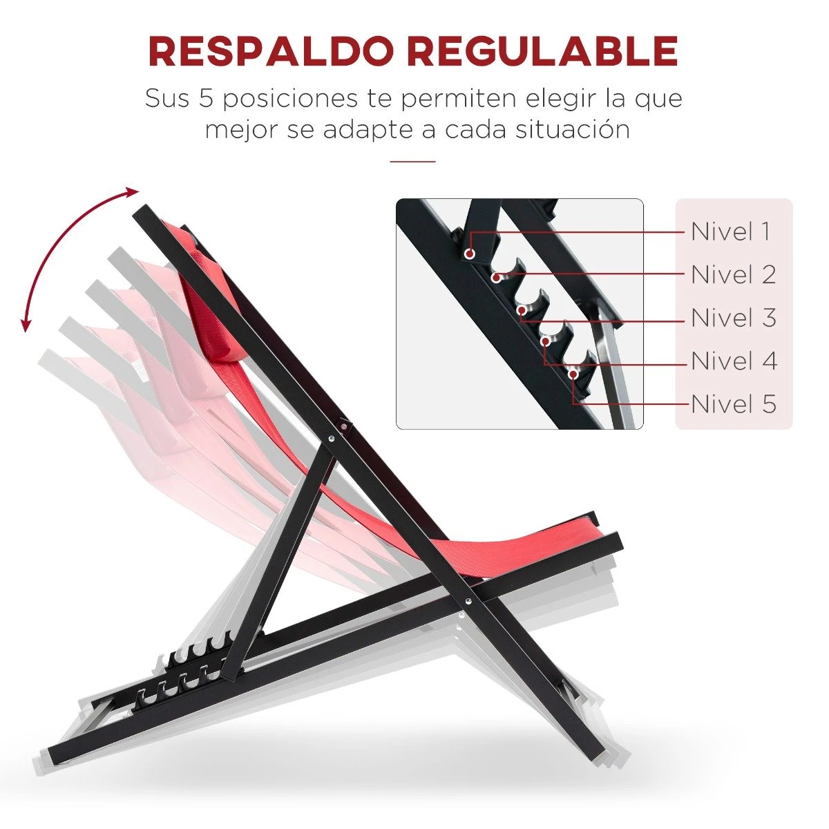 Outsunny Conjunto De 2 Tumbonas Plegables Con Respaldo Regulable En 5 Posiciones Y Reposacabezas Acolchado Incorporado 58x96.5x91.5cm Rojo Vino 8 Outsunny Conjunto De 2 Tumbonas Plegables Con Respaldo Regulable En 5 Posiciones Y Reposacabezas Acolchado Incorporado 58x96.5x91.5cm Rojo Vino - Imagen 7