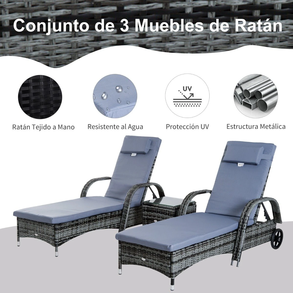 Outsunny Set De 2 Tumbonas Chaise Longue + 1 Mesa De Ratan Para Jardín O Terraza Sillas Con Cojín Y Respaldo Ajustable A 5 Niveles (Gris) 9 Outsunny Set De 2 Tumbonas Chaise Longue + 1 Mesa De Ratan Para Jardín O Terraza Sillas Con Cojín Y Respaldo Ajustable A 5 Niveles (Gris) - Imagen 7