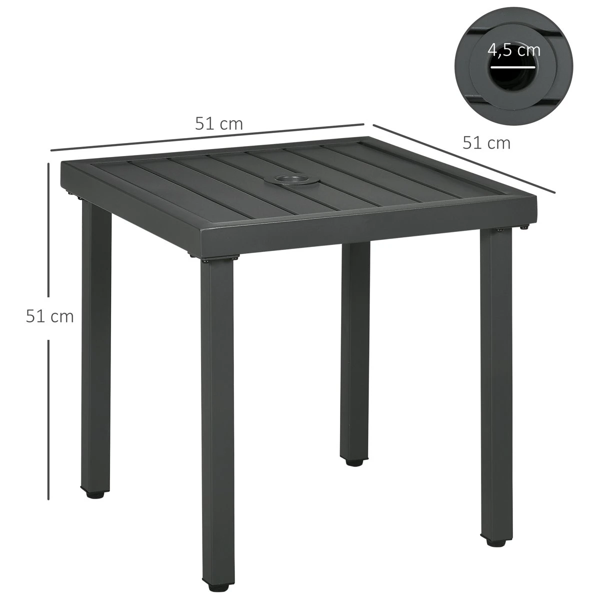 Outsunny Mesa De Jardín Cuadrada Mesa De Centro De Patio Con Orificio Para Sombrillas De Ø45 Mm Mesa Auxiliar Con Marco De Acero 51x51x51 Cm Gris 5 Outsunny Mesa De Jardín Cuadrada Mesa De Centro De Patio Con Orificio Para Sombrillas De Ø45 Mm Mesa Auxiliar Con Marco De Acero 51x51x51 Cm Gris - Imagen 3