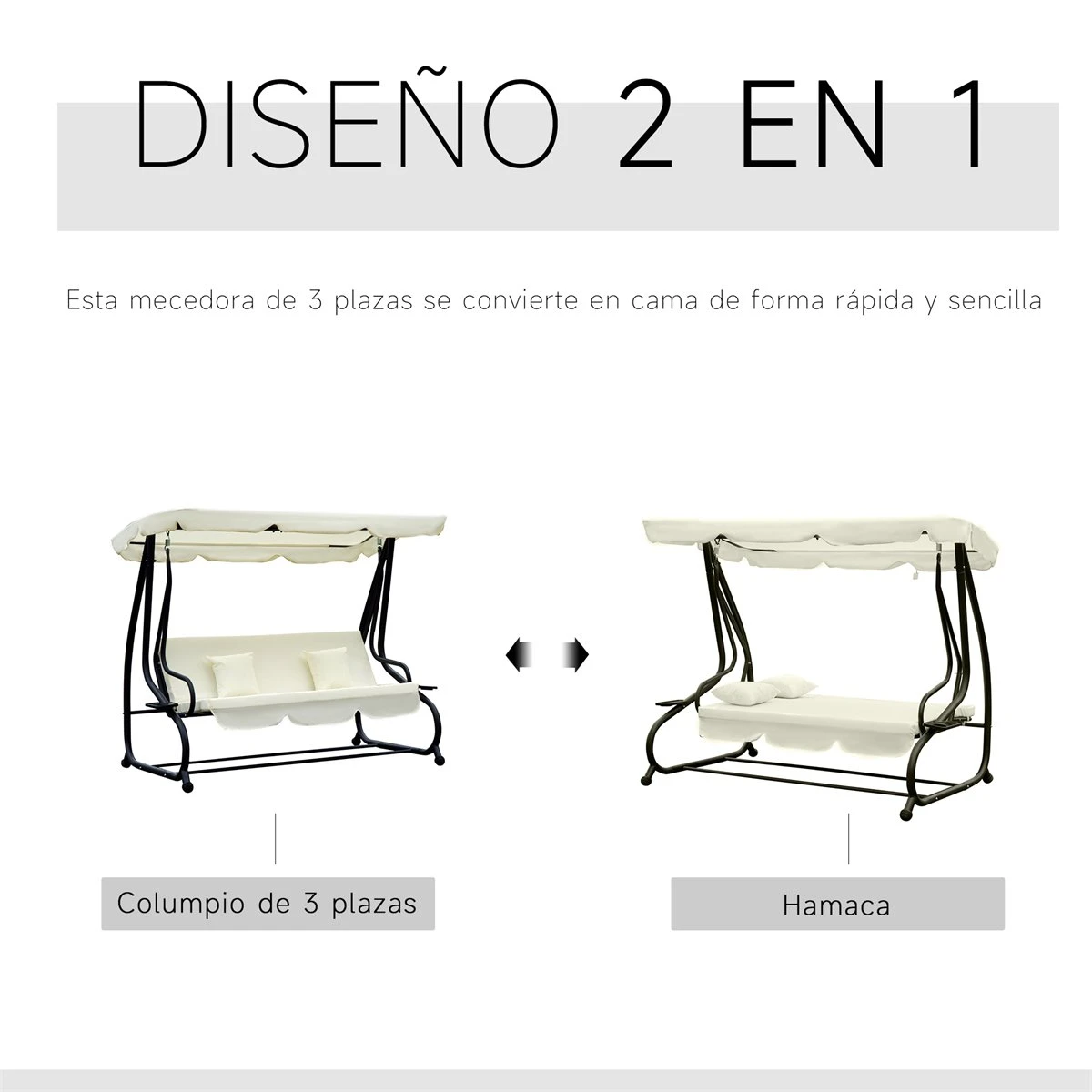 Outsunny Columpio Balancín Jardín 3 Plazas Convertible En Cama Techo Parasol Regulable Bandeja Para Bebida Terrza Balcón Exterior Carga Máx. 340kg Acero 200x120x164cm Beige 6 Outsunny Columpio Balancín Jardín 3 Plazas Convertible En Cama Techo Parasol Regulable Bandeja Para Bebida Terrza Balcón Exterior Carga Máx. 340kg Acero 200x120x164cm Beige - Imagen 4