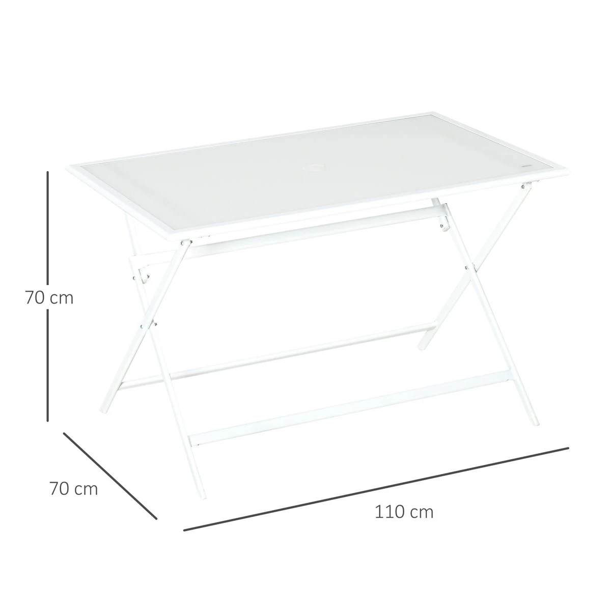 Outsunny Mesa De Jardín De Metal Plegable Mesa De Camping Rectangular De Vidrio Templado Con Agujero Para Sombrilla Para Picnic Terraza Balcón 110x70x70 Cm Blanco 5 Outsunny Mesa De Jardín De Metal Plegable Mesa De Camping Rectangular De Vidrio Templado Con Agujero Para Sombrilla Para Picnic Terraza Balcón 110x70x70 Cm Blanco - Imagen 3