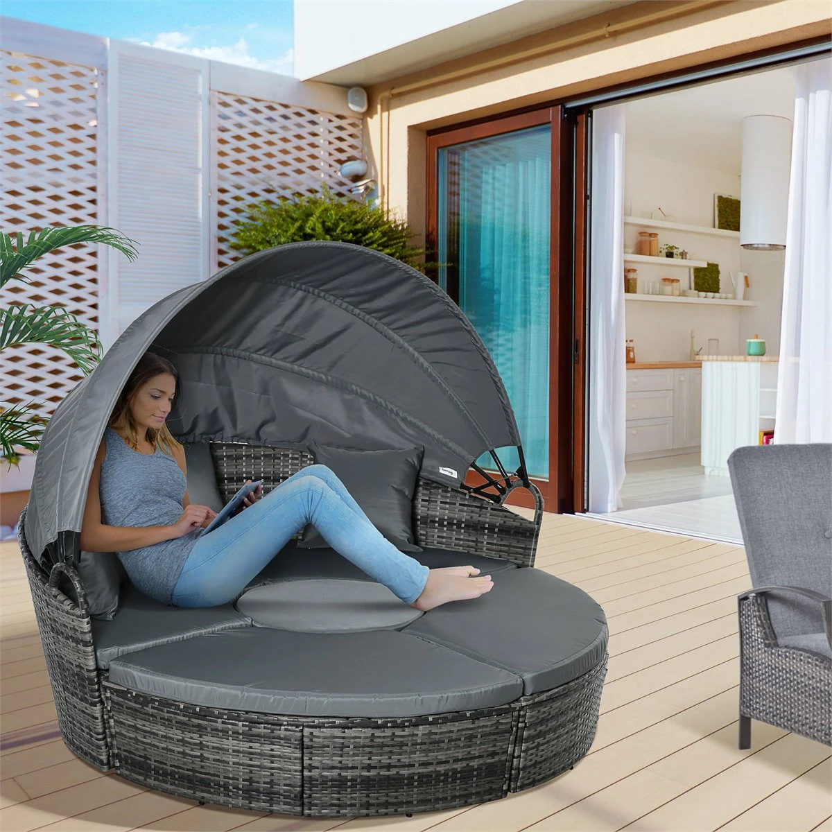 Outsunny Isla De Ratán Modular Para Exterior 5 Piezas Tumbona Redonda Con Toldo Plegable Cojines Extraíbles Lavables Y 3 Almohadas Marco De Metal 175x180x147 Cm Gris 4 Outsunny Isla De Ratán Modular Para Exterior 5 Piezas Tumbona Redonda Con Toldo Plegable Cojines Extraíbles Lavables Y 3 Almohadas Marco De Metal 175x180x147 Cm Gris - Imagen 2
