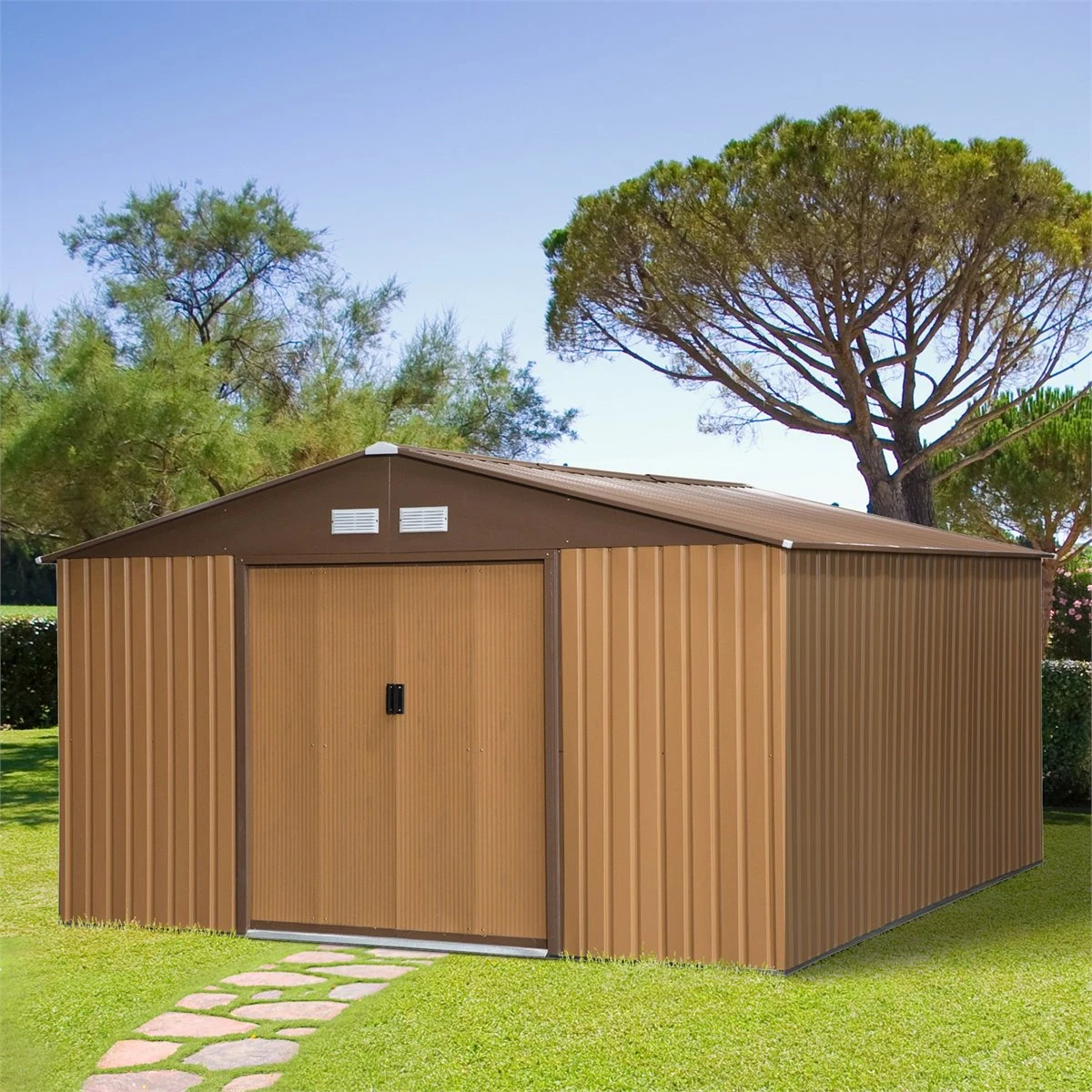 Outsunny Cobertizo De Jardín 340x386x200 Cm 12,27 M² Caseta Exterior De Acero Para Almacenamiento De Herramientas Con Puertas Correderas Y Ventilaciones Ocre Oscuro 4 Outsunny Cobertizo De Jardín 340x386x200 Cm 12,27 M² Caseta Exterior De Acero Para Almacenamiento De Herramientas Con Puertas Correderas Y Ventilaciones Ocre Oscuro - Imagen 2