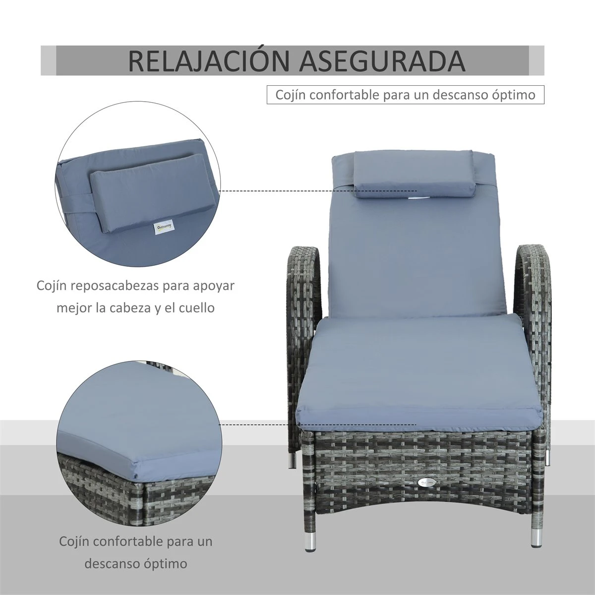 Outsunny Conjunto De 2 Tumbonas De Ratán De Jardín Chaise Longue Con Respaldo Ajustable En 5 Posiciones Cojines Acolchados Reposacabezas Y 2 Ruedas 200x73x72-103 Cm Gris 7 Outsunny Conjunto De 2 Tumbonas De Ratán De Jardín Chaise Longue Con Respaldo Ajustable En 5 Posiciones Cojines Acolchados Reposacabezas Y 2 Ruedas 200x73x72-103 Cm Gris - Imagen 5