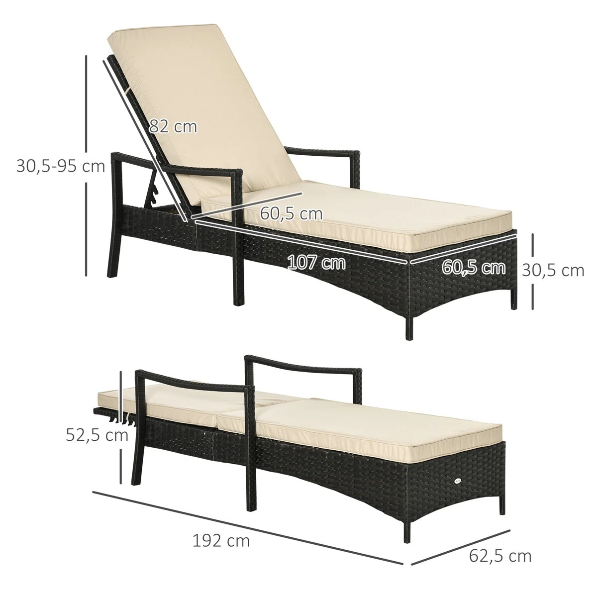 Outsunny Set De 2 Tumbonas De Ratán De Jardín Chaise Longue Con Respaldo Ajustable En 4 Posiciones Cojines Acolchados Y Desenfundables Para Terraza Patio Exterior 192x62,5x58-95 Cm Marrón Y Beige 5 Outsunny Set De 2 Tumbonas De Ratán De Jardín Chaise Longue Con Respaldo Ajustable En 4 Posiciones Cojines Acolchados Y Desenfundables Para Terraza Patio Exterior 192x62,5x58-95 Cm Marrón Y Beige - Imagen 3