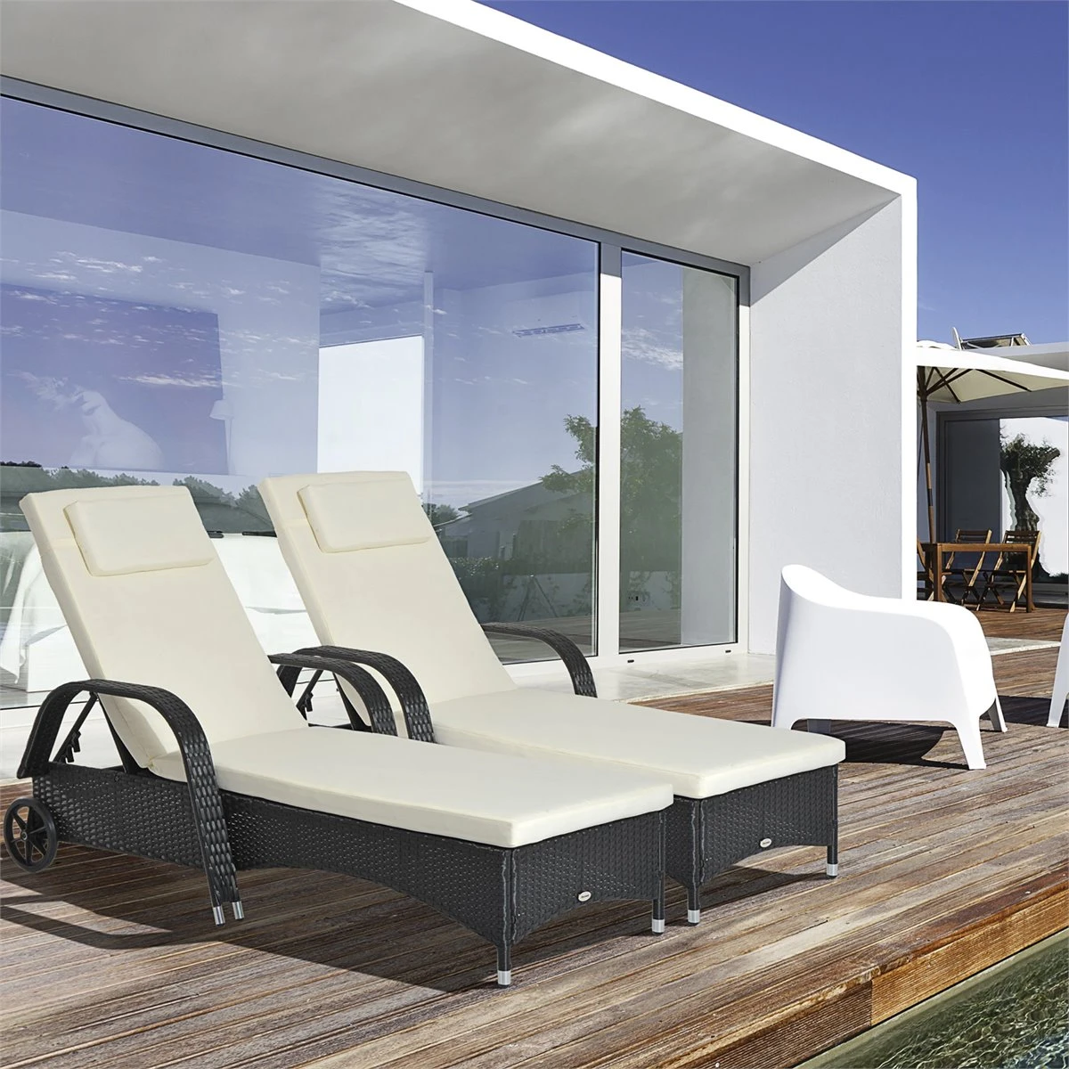Outsunny Conjunto De 2 Tumbonas De Ratán De Jardín Chaise Longue Con Respaldo Ajustable En 5 Posiciones Cojines Acolchados Reposacabezas Y 2 Ruedas 200x73x72-103 Cm Negro 4 Outsunny Conjunto De 2 Tumbonas De Ratán De Jardín Chaise Longue Con Respaldo Ajustable En 5 Posiciones Cojines Acolchados Reposacabezas Y 2 Ruedas 200x73x72-103 Cm Negro - Imagen 2