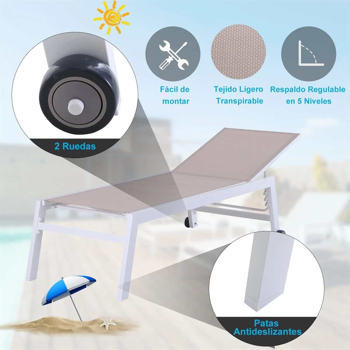 Outsunny Tumbona Multiposiciones De Jardín Con Respaldo Reclinable En 5 Posiciones De Aluminio Y Texteline Carga 160 Kg Para Patio Terraza 202x65x43 Cm Beige 11 Outsunny Tumbona Multiposiciones De Jardín Con Respaldo Reclinable En 5 Posiciones De Aluminio Y Texteline Carga 160 Kg Para Patio Terraza 202x65x43 Cm Beige - Imagen 9