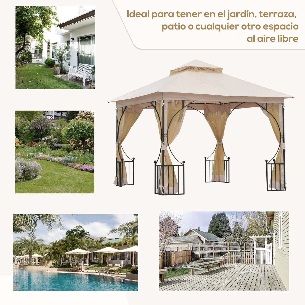 Outsunny Cenador De Jardín 3x3 M Con 4 Cortinas Laterales De Cremallera Y Doble Techo Con 8 Orificios De Drenaje Estilo Moderno Para Patio Aire Libre Beige 9 Outsunny Cenador De Jardín 3x3 M Con 4 Cortinas Laterales De Cremallera Y Doble Techo Con 8 Orificios De Drenaje Estilo Moderno Para Patio Aire Libre Beige - Imagen 7