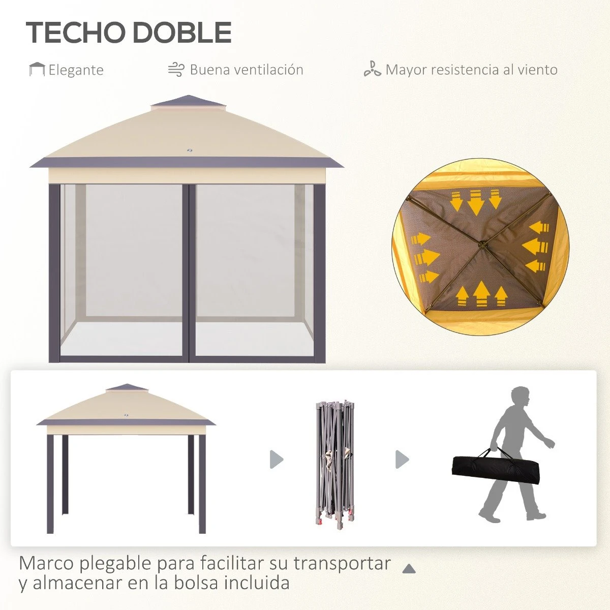 Outsunny Carpa Plegable Exterior 3,3x3,3x2,88 M Altura Ajustable Cenador De Jardín Con Doble Techo 4 Mosquiteras Extraíbles Y Bolsa De Transporte Para Camping Fiestas Beige 6 Outsunny Carpa Plegable Exterior 3,3x3,3x2,88 M Altura Ajustable Cenador De Jardín Con Doble Techo 4 Mosquiteras Extraíbles Y Bolsa De Transporte Para Camping Fiestas Beige - Imagen 4