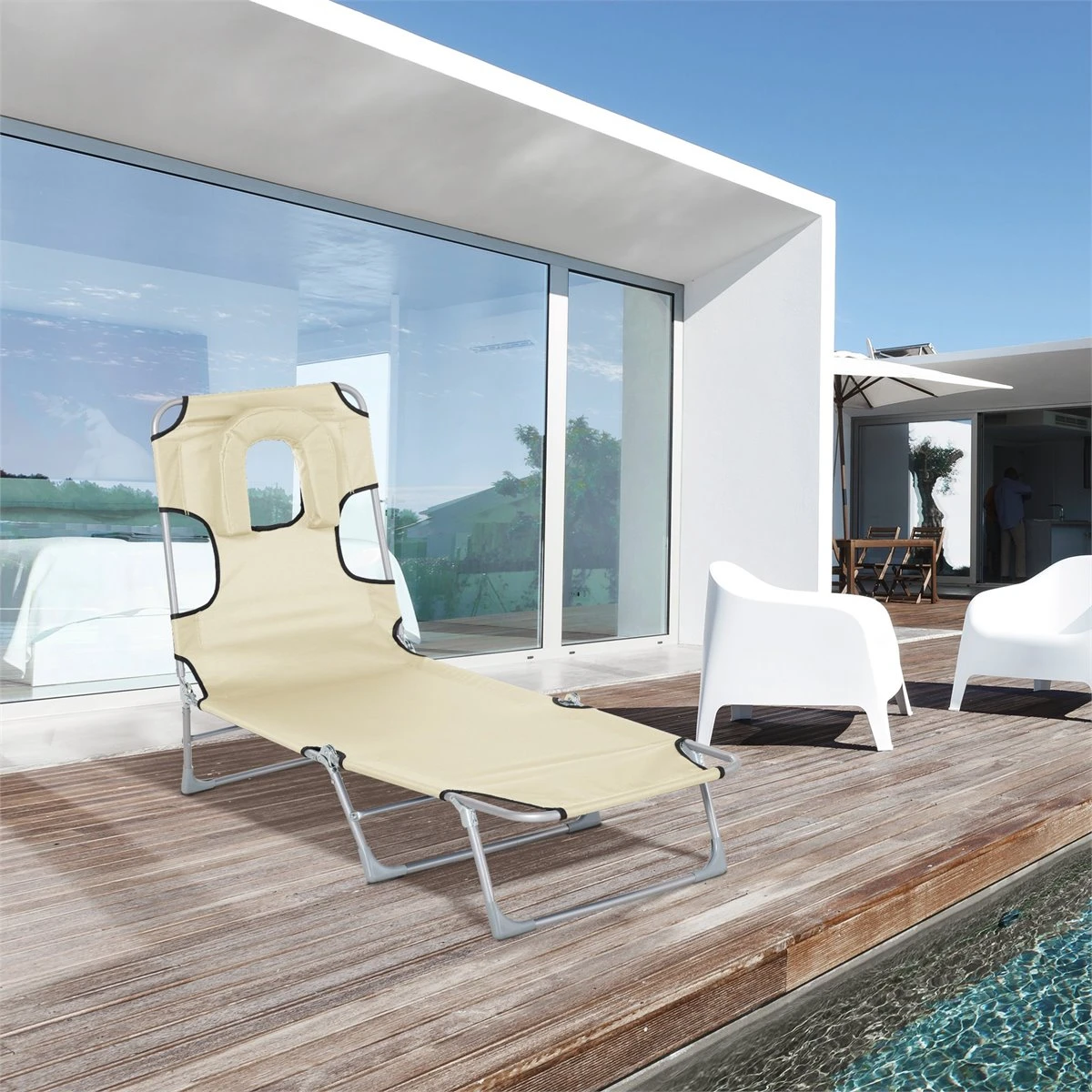 Outsunny Tumbona Reclinable Y Plegable De Jardín Con Orificio De Lectura Reposacabezas Y Respaldo Ajustable En 5 Niveles Para Playa 182x56x24,5 Cm Beige 4 Outsunny Tumbona Reclinable Y Plegable De Jardín Con Orificio De Lectura Reposacabezas Y Respaldo Ajustable En 5 Niveles Para Playa 182x56x24,5 Cm Beige - Imagen 2