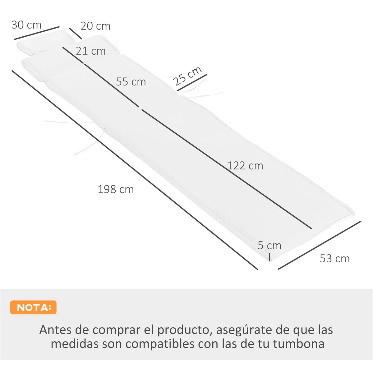 Outsunny Cojín Para Tumbona De Exterior 198x53x5 Cm Desenfundable Y Lavable Con Reposacabezas Extraíble Colchoneta Plegable De Algodón Para Silla Reclinable De Jardín Crema 5 Outsunny Cojín Para Tumbona De Exterior 198x53x5 Cm Desenfundable Y Lavable Con Reposacabezas Extraíble Colchoneta Plegable De Algodón Para Silla Reclinable De Jardín Crema - Imagen 3