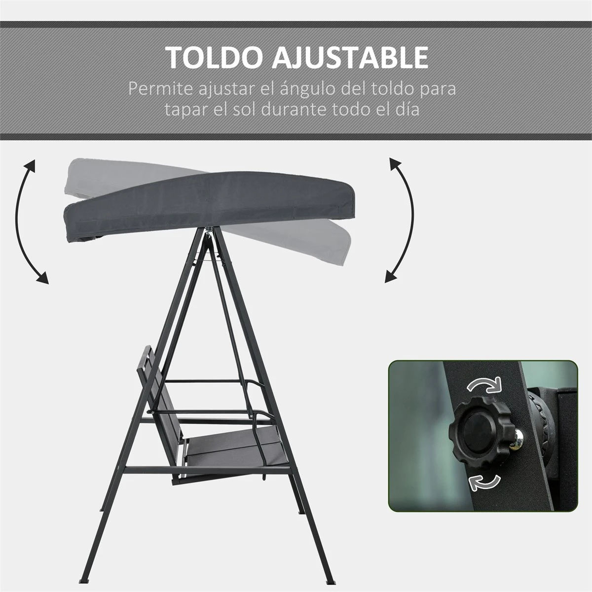 Outsunny Columpio Balancín De Jardín De 2 Plazas Con Techo Ajustable Respaldo Transpirable Y Marco De Acero Para Balcón Terraza Exterior Carga Máx. 220 Kg 150x110x170 Cm Gris 6 Outsunny Columpio Balancín De Jardín De 2 Plazas Con Techo Ajustable Respaldo Transpirable Y Marco De Acero Para Balcón Terraza Exterior Carga Máx. 220 Kg 150x110x170 Cm Gris - Imagen 4