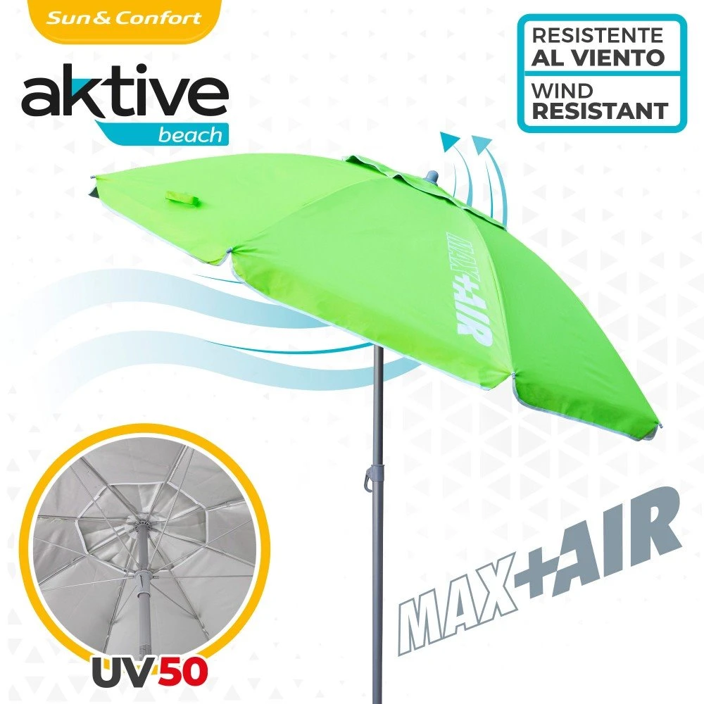 Sombrilla Playa Antiviento Ø200 Cm C/mástil Reclinable Y Protección UV50 Aktive 5 Sombrilla Playa Antiviento Ø200 Cm C/mástil Reclinable Y Protección UV50 Aktive - Imagen 3