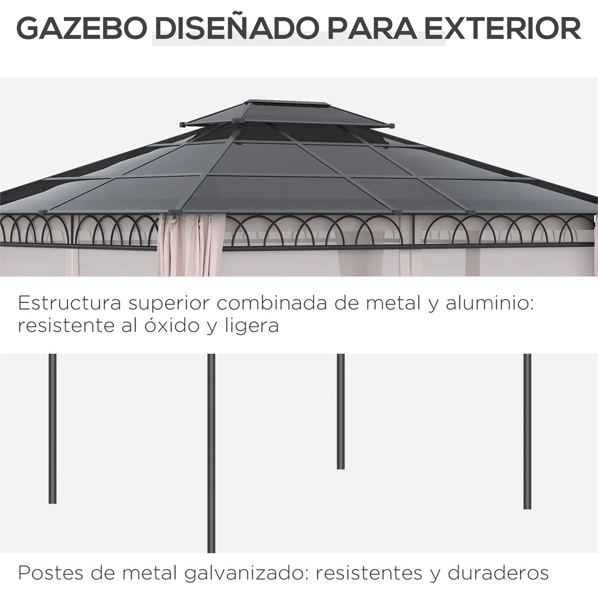 Outsunny Cenador De Jardín 3,6x3 M Gazebo De Exterior Con Techo Doble De Policarbonato 4 Cortinas Mosquiteras Laterales Con Cremallera Y Marco De Aluminio Para Patio Fiestas Terraza 8 Outsunny Cenador De Jardín 3,6x3 M Gazebo De Exterior Con Techo Doble De Policarbonato 4 Cortinas Mosquiteras Laterales Con Cremallera Y Marco De Aluminio Para Patio Fiestas Terraza - Imagen 6