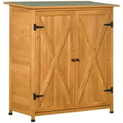 Outsunny Armario De Jardín De Madera 110x55x117 Cm 0,45 M² Cobertizo Para Almacenaje De Herramientas Con Techo Asfáltico 3 Estantes Y 2 Puertas Para Exterior Terraza Natural