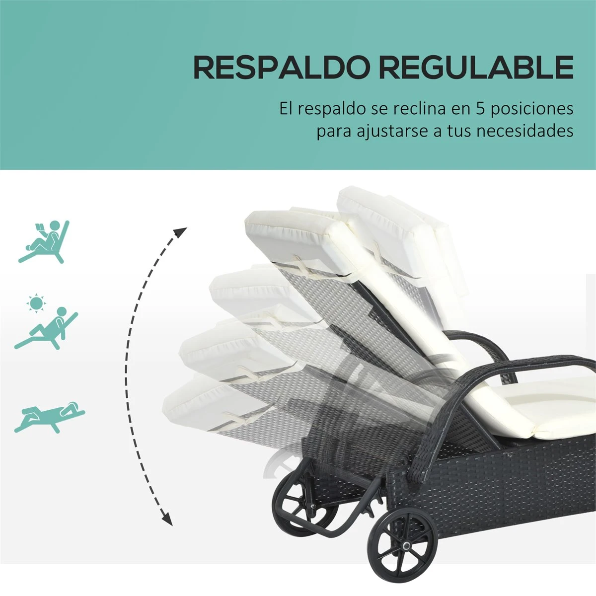 Outsunny Conjunto De 2 Tumbonas De Ratán De Jardín Chaise Longue Con Respaldo Ajustable En 5 Posiciones Cojines Acolchados Reposacabezas Y 2 Ruedas 200x73x72-103 Cm Negro 8 Outsunny Conjunto De 2 Tumbonas De Ratán De Jardín Chaise Longue Con Respaldo Ajustable En 5 Posiciones Cojines Acolchados Reposacabezas Y 2 Ruedas 200x73x72-103 Cm Negro - Imagen 6