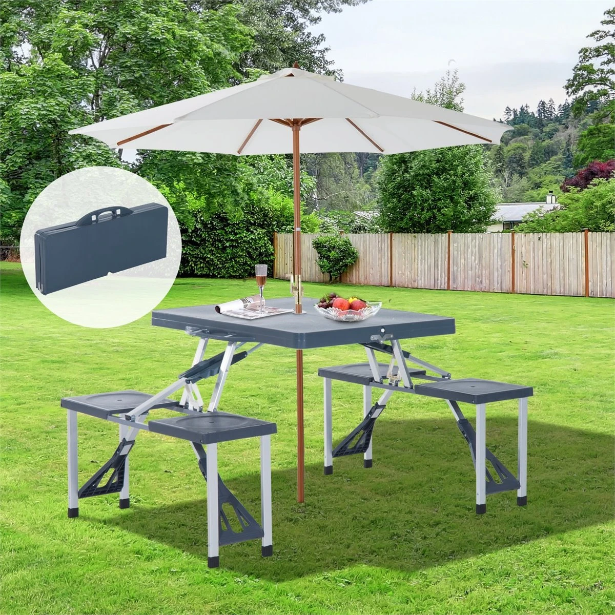 Outsunny Mesa Maleta De Camping Plegable Portátil 4 Asientos Y Agujero Sombrilla Estructura Aluminio Playa Picnic 136x84,5x66 Cm (Gris) 4 Outsunny Mesa Maleta De Camping Plegable Portátil 4 Asientos Y Agujero Sombrilla Estructura Aluminio Playa Picnic 136x84,5x66 Cm (Gris) - Imagen 2