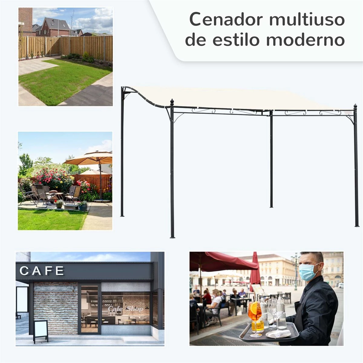 Outsunny Pérgola De Jardín 4x3 M Cenador Montado En Pared Con Toldo Y 4 Orificios De Drenaje Marco De Metal Y Poliéster 180 G/m² Para Patio Terraza Crema 8 Outsunny Pérgola De Jardín 4x3 M Cenador Montado En Pared Con Toldo Y 4 Orificios De Drenaje Marco De Metal Y Poliéster 180 G/m² Para Patio Terraza Crema - Imagen 6