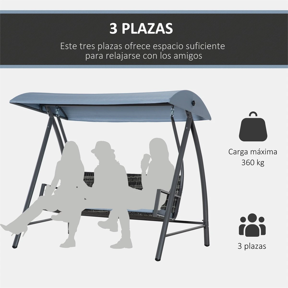 Outsunny Columpio Balancín Jardín De Ratán De 3 Plazas Con Techo Ajustable Y Cojín Desenfundable Con Cremallera Para Terraza Balcón Exterior Carga 360 Kg 198x124x179 Cm Gris 6 Outsunny Columpio Balancín Jardín De Ratán De 3 Plazas Con Techo Ajustable Y Cojín Desenfundable Con Cremallera Para Terraza Balcón Exterior Carga 360 Kg 198x124x179 Cm Gris - Imagen 4